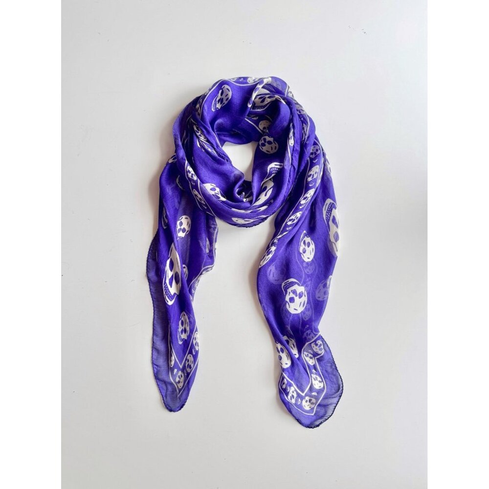 ALEXANDER MCQUEEN Skull Motif Purple Silk Chiffon Large Square Scarf